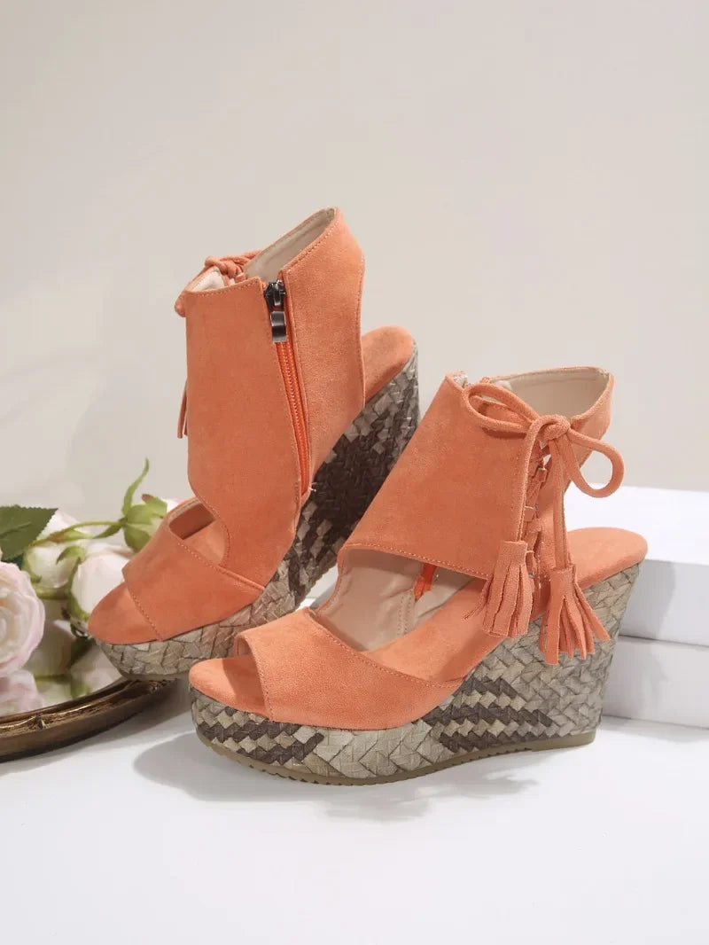 2025 Summer Suede Leather Women's Thicken High Heels Hollow Out Sandals Sexy Elegant Platform Wedges Open Toe Ladies Shoes