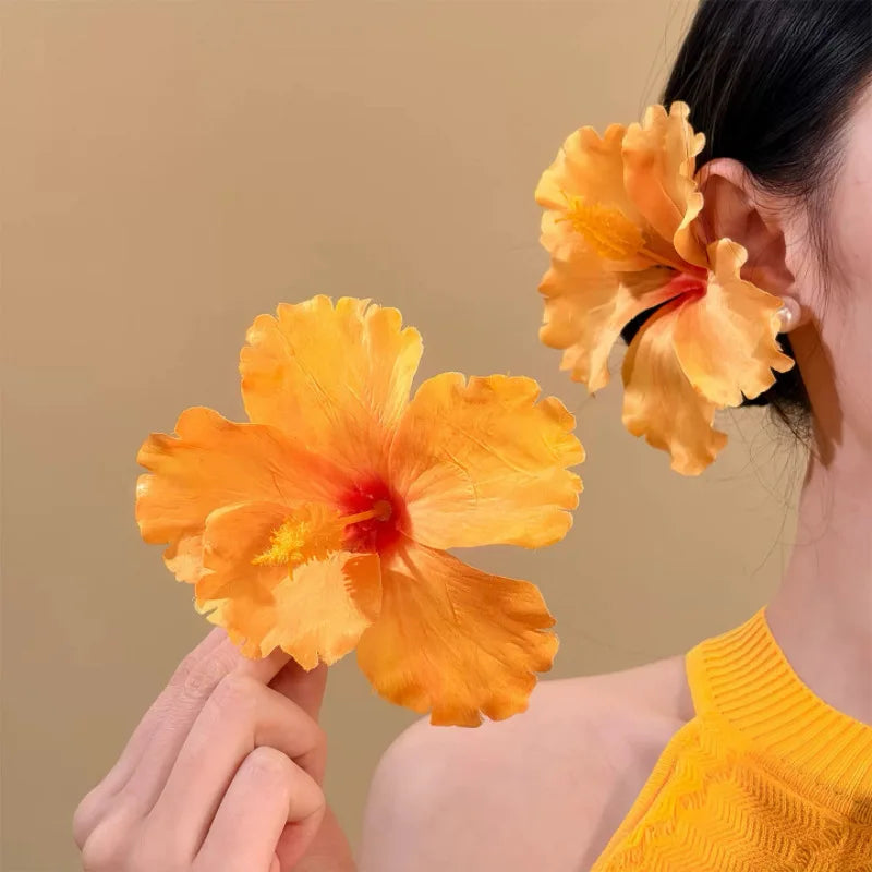 YJL 2pcs Hibiscus Flower Hair Side Clips Handmade Artificial Bohemian Floral Hairpin for Girls Beach Party Hair Accessories