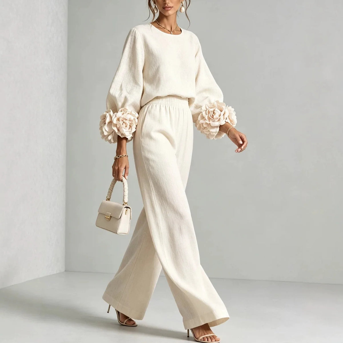 Women 2 Piece Outfit O Neck Puff Long Sleeve Top 3D Floral + Elastic Waist Wide Leg Pants Set Autumn Elegant Casual Office Suit