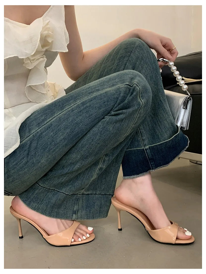 2026 Fashion Sexy Thin High Heels Slides Women Open Toe Pumps Slip Sandal Female Slippers Mule Patent Leather Outdoor Flip Flops