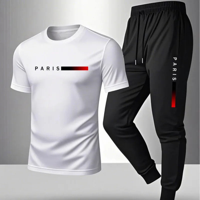 Men's casual sports outfit, printed round-neck short-sleeved T-shirt and long pants, suitable for outdoor wear.