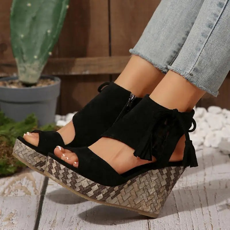 Bohemia Tassel Decoration Side Zip Sandals Women 2026 Summer Chunky Platform Wedge Heel Sandals Sexy Super High Heel Beach Shoes