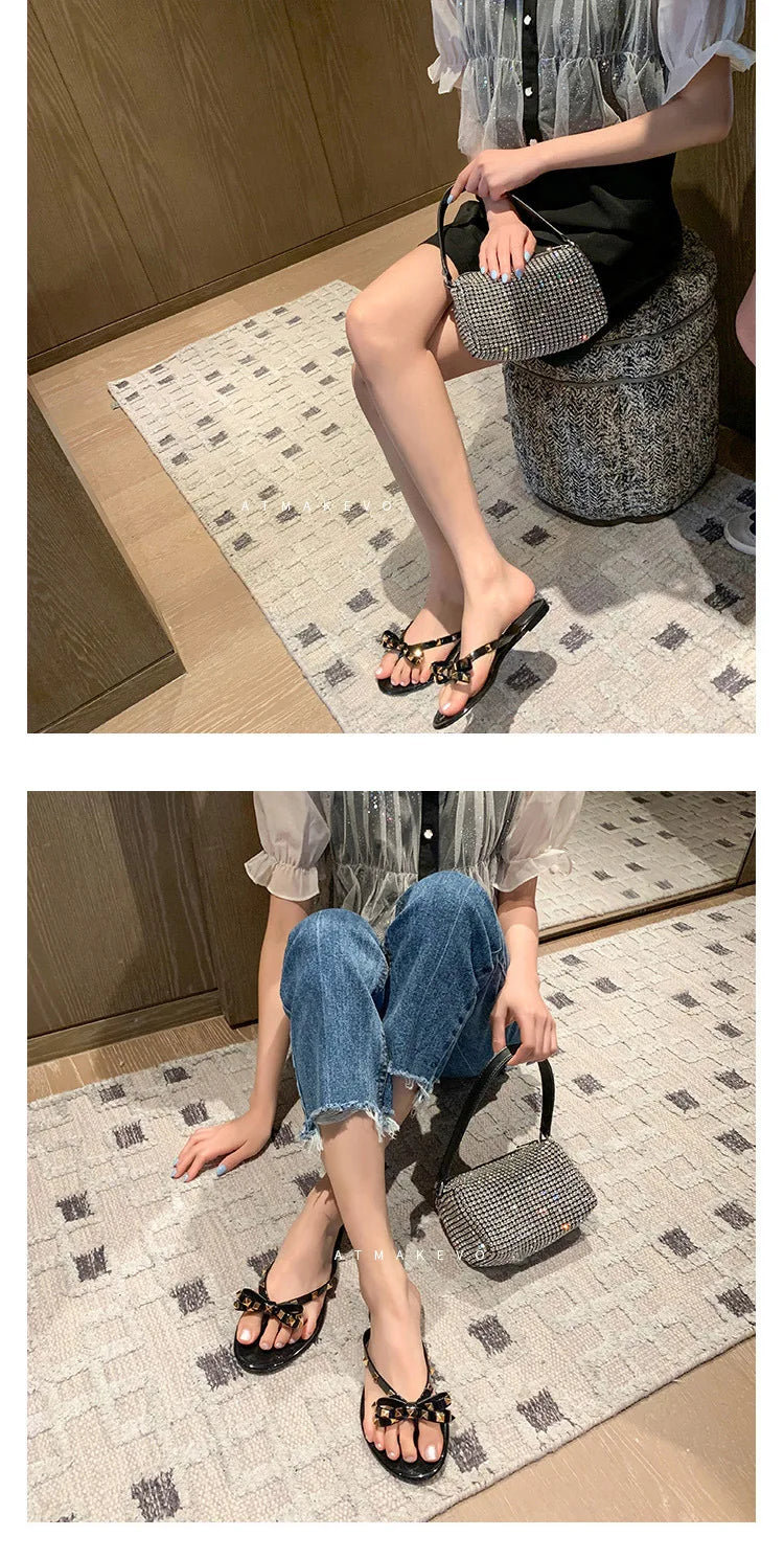 Ladies Leisure Waterproof Shoes Summer Zoris Slippers In Flats Clear Yellow Flip-Flops With Gold Stud Bow-Knot PVC Slides 36-42