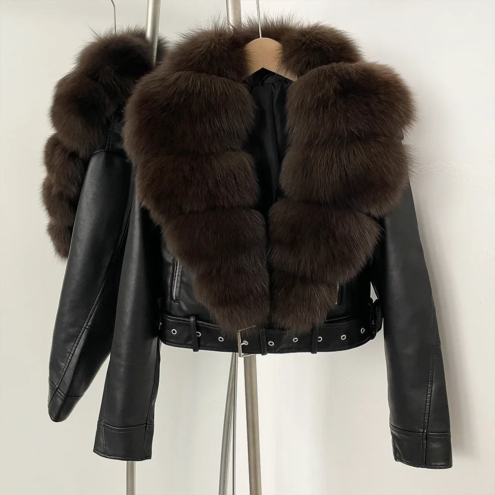Faux PU Leather Jacket Natural Fox Fur Female New Autumn Short Top Clothing Women Long Sleeve Fake Leather Coat Real Fur Coat