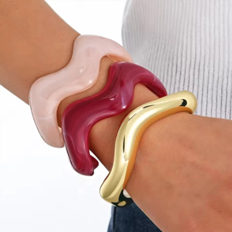 3 Pcs Irregular Wavy Resin Metal Bangle Set For Women Open Cuff Bracelets Bohemian Beach Vacation Stackable Trendy Jewelry Gifts