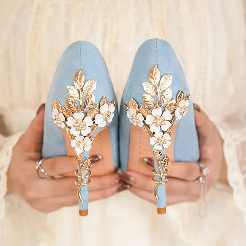 High End Metal Flower High Heels New European American Fashion Luxury Sexy Pointed Women's Shoes Banquet Party Casual Shoes