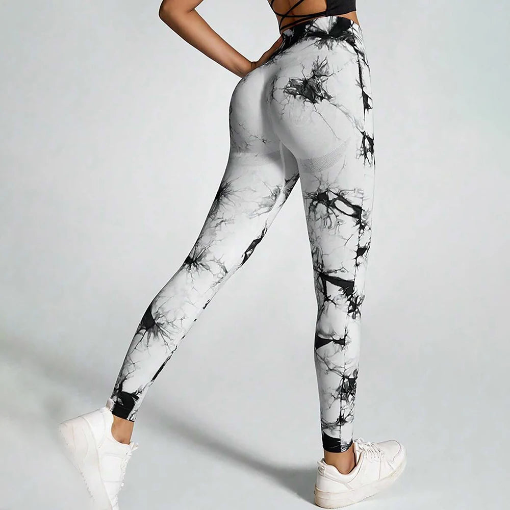 Women's High Waist Seamless Yoga Pants, Tie Dye Print Peach Shaped Butt Lifting Leggings for Running Fitness Workout