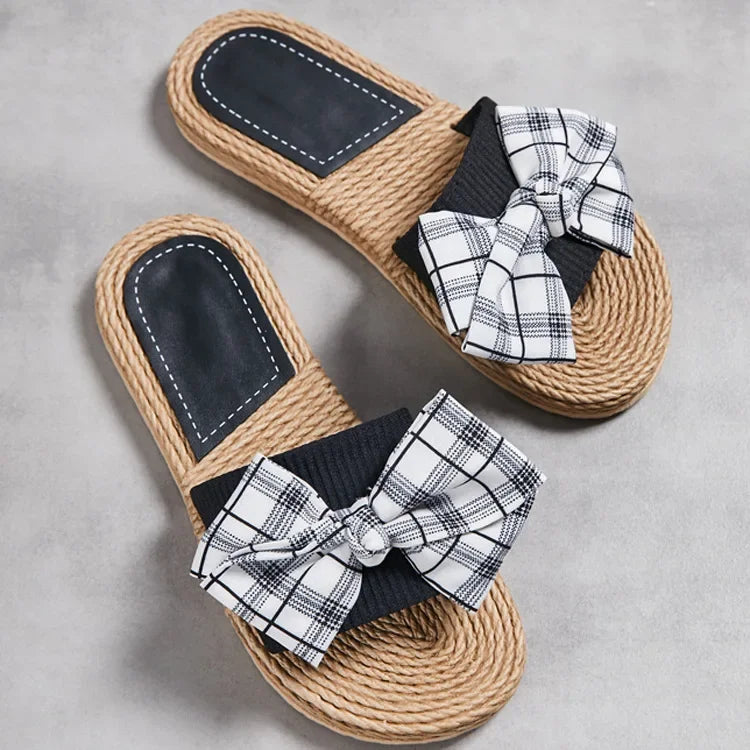 Female Summer Slippers Artificial Straw Sole Shoes Lady Summer Indoor Flat with Flip Flops Stitching Floral Women Slippers