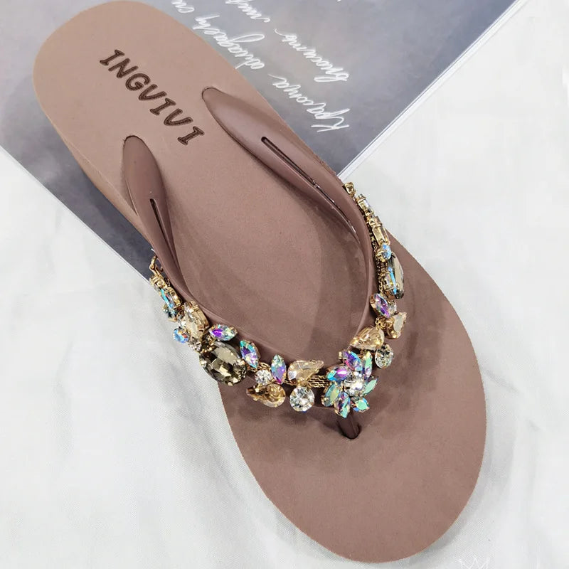 Slippers Women Glitter Flip Flops Summer 2024 Fashion Outdoor Rhinestone Chain Wedge Beach Slippers Jelly Hawaiian Flat Sandals