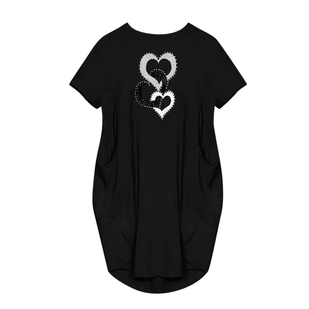 Women's heart-shaped printed pocket dress, casual round neck short sleeved dress for spring and summer women's wear