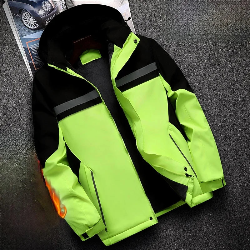Thiened Fce Workwear Jaet ex Warm Windproof Reflective Cotton Coat Men's Casual Sle Removable Hat Zipper Closure