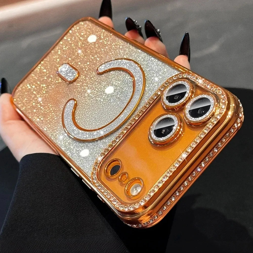 Plating Glitter Diamond Rhinestone Magnetic Wireless Charging Case for IPhone 17 Air 16 15 14 13 12 Pro Max Soft Silicone Cover