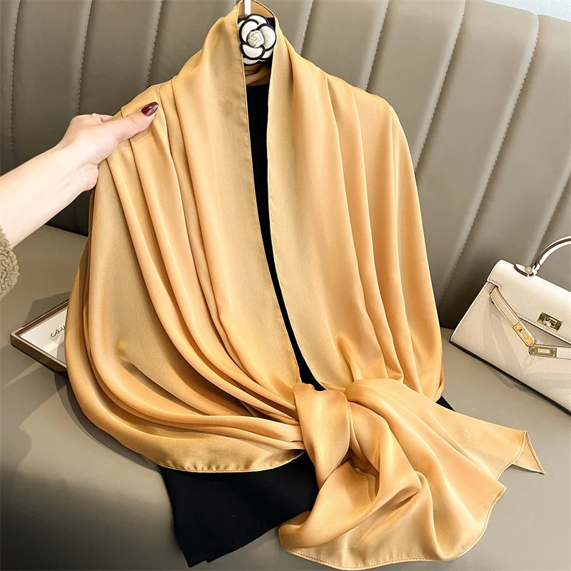 2024 Luxury Brand Silk Scarf for Women Large Shawl Wrap Headband Solid Design Hijab Beach Stoles Female Foulard Echarpe Bandana