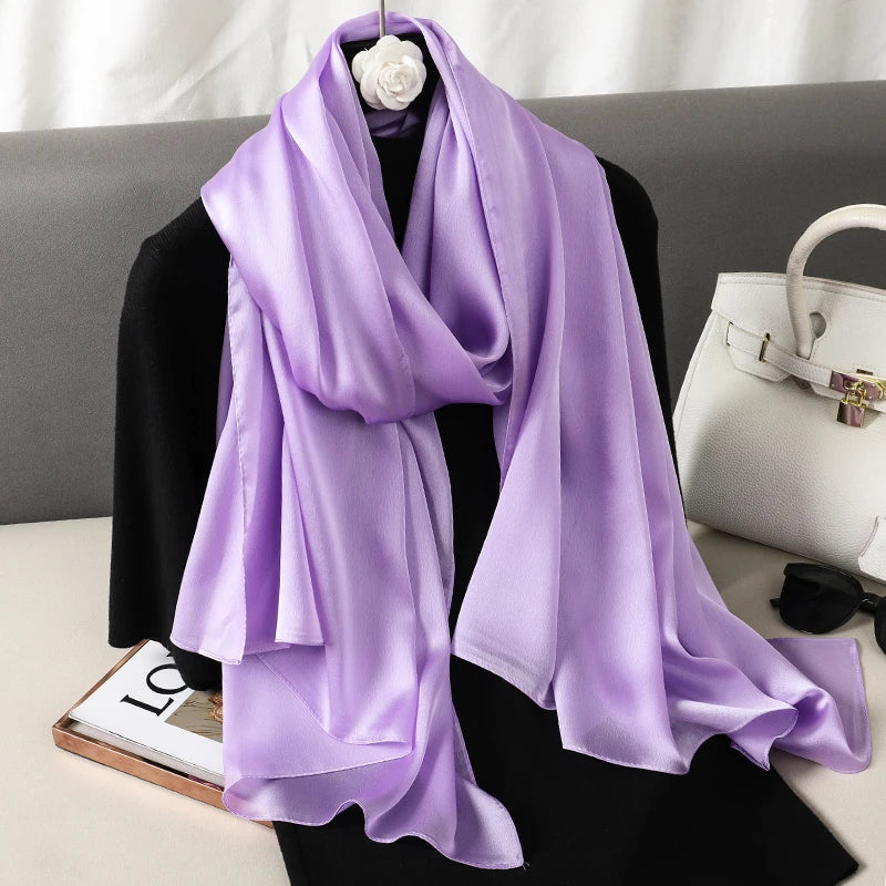 2024 Luxury Brand Silk Scarf for Women Large Shawl Wrap Headband Solid Design Hijab Beach Stoles Female Foulard Echarpe Bandana