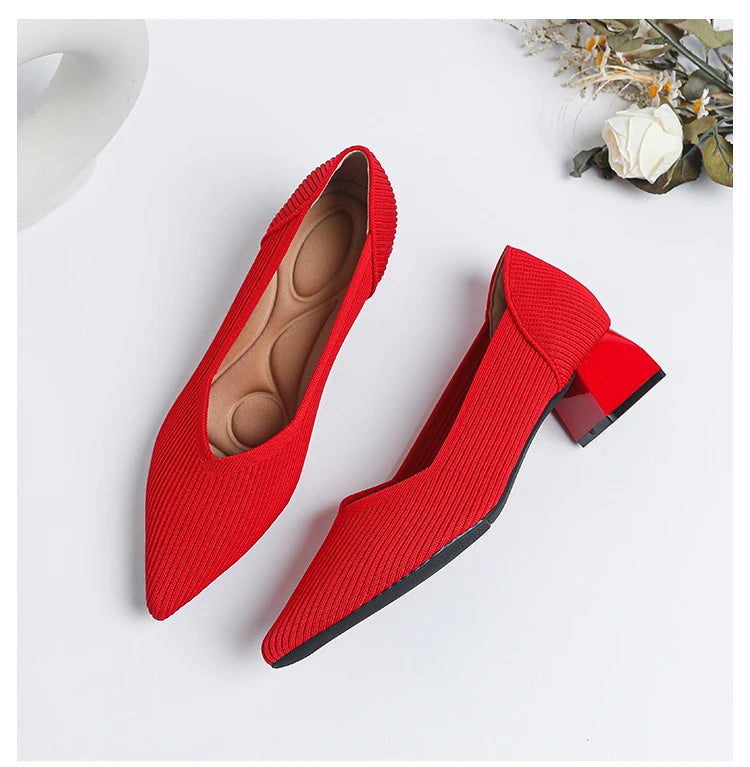 2026 New Women's High Heels Large 42/43 Fashion Pointed Anti slip Rubber Bottom Knitted Breathable Shoes