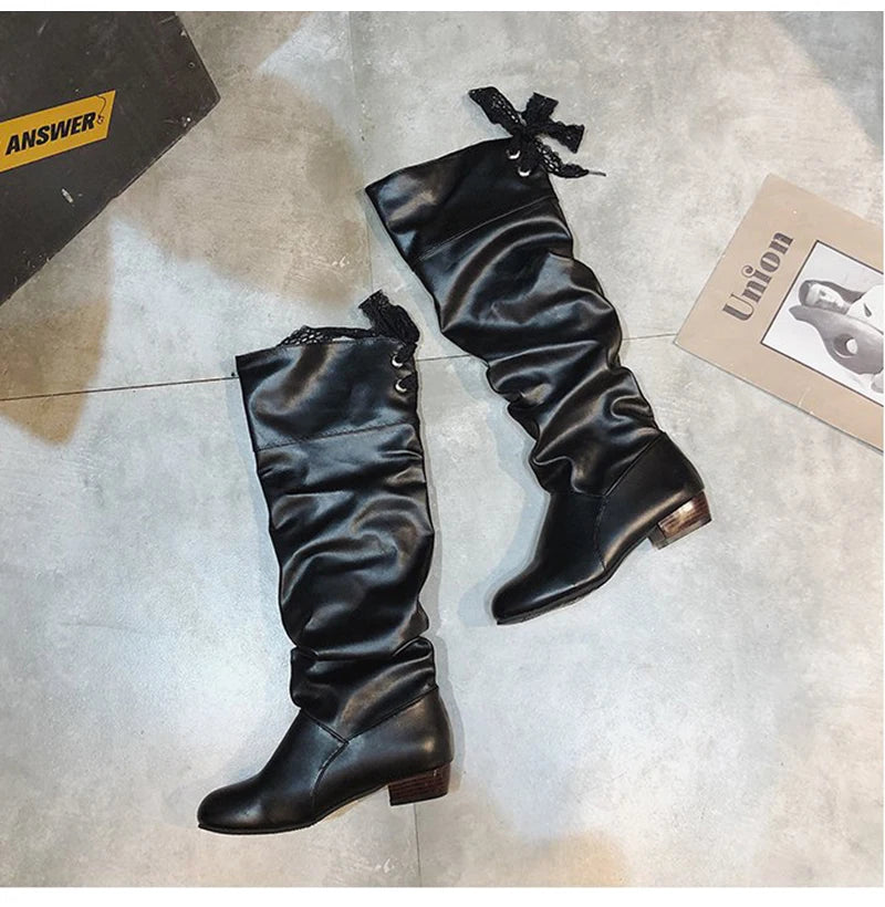 Shoes For Women  Knee High Boots Red Black White Tall Boots Woman Pleated Low Heel Casual Leather Female Long Shoes 2024