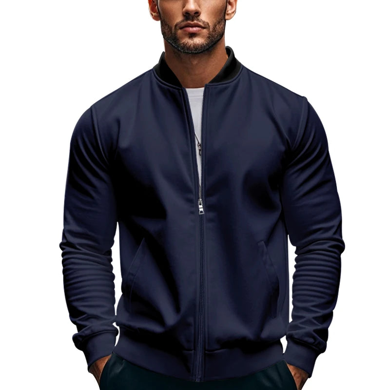 2024 New Spring And Autumn Men's Stand Collar Jacket Solid Color Leisure Sports Long Sleeve Zipper Coat Straight Tube Large Size