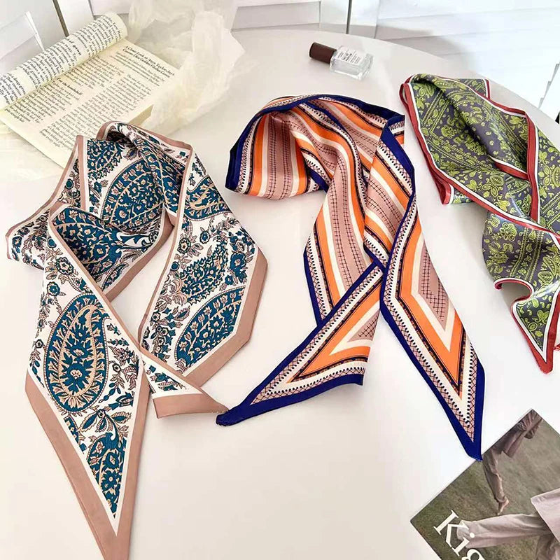 Luxury Brand Model Striped Printing Bag Handbag Handle Ribbon Scarf Small Silk Scarf Women Hair Band Neck Scarves Neckerchief