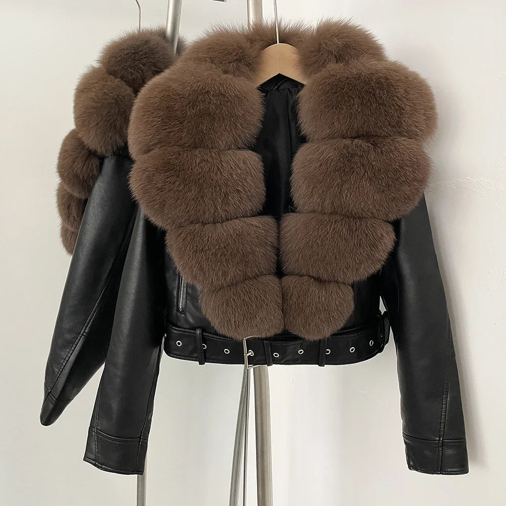 Faux PU Leather Jacket Natural Fox Fur Female New Autumn Short Top Clothing Women Long Sleeve Fake Leather Coat Real Fur Coat