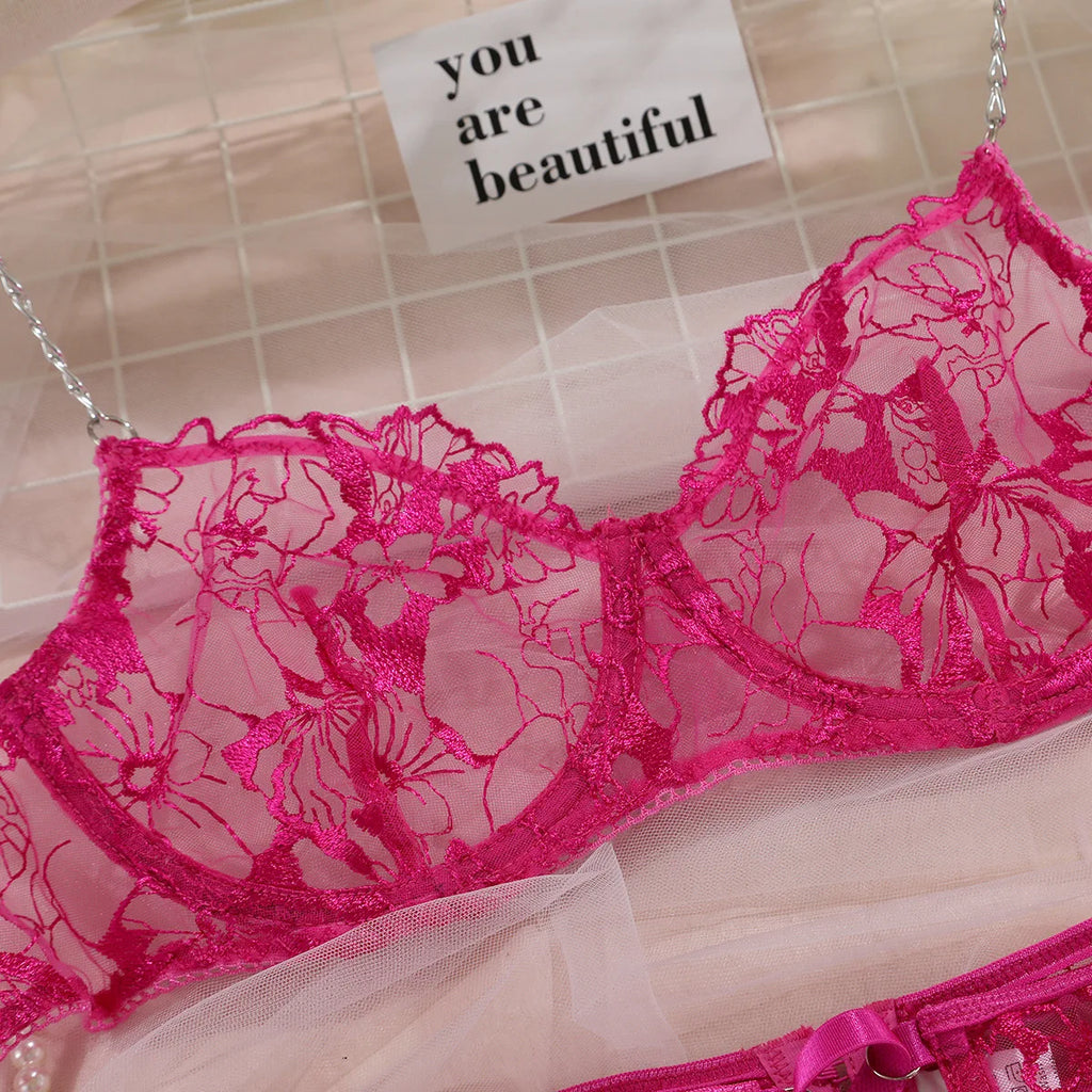 Fancy Floral Embroidery Lingerie Set Sexy Women Transparent Mesh Sheer Erotic Suit Metal Chain Bra Thong Garter Underwear Set