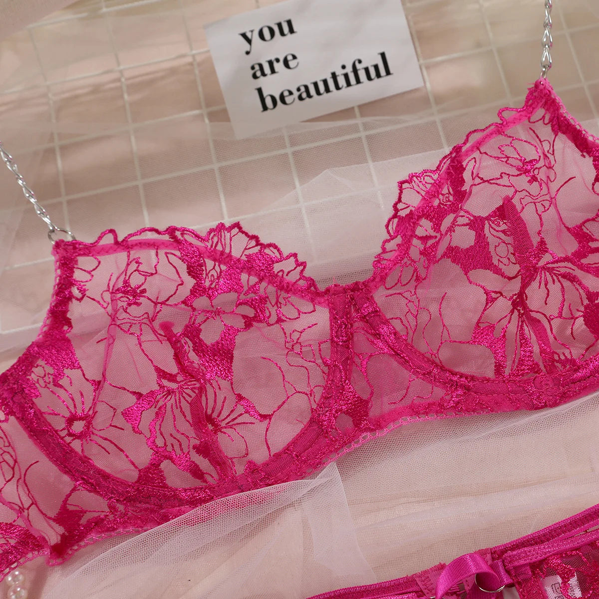Fancy Floral Embroidery Lingerie Set Sexy Women Transparent Mesh Sheer Erotic Suit Metal Chain Bra Thong Garter Underwear Set