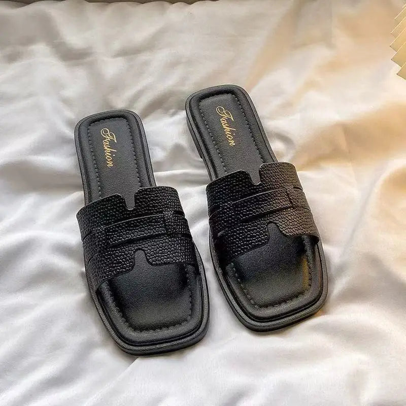 Fashion women's smooth slippers small Xinhong style French-style square toe high-end summer beach and outdoor slippers Advanced