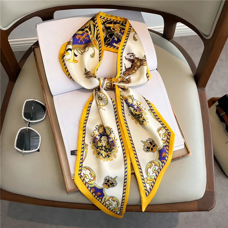 Horse carriage houndstooth decorated summer lightweight scarf fashionable long neckerchief women versatile slim bias-cut ribbon