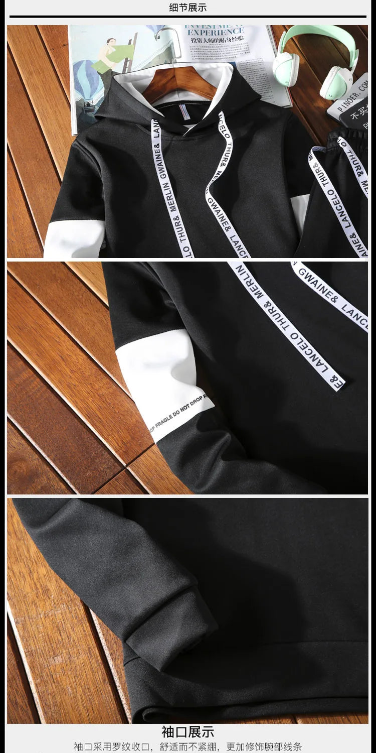 Autumn Unisex Korean Color Block Hooded Two Piece Tracksuit Letter Print Drawstring Hoodie Jogger Pants Loose Hip Hop Student Da