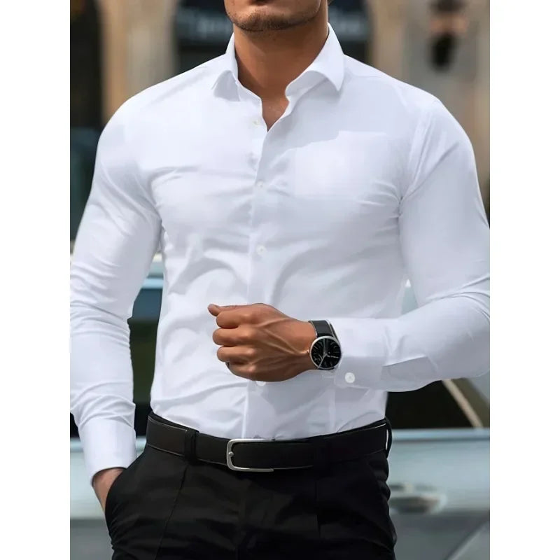 2025 Men's Shirt Brand New Solid Color Long Sleeve Smart Casual Four Season Elastic Male Business Shirts