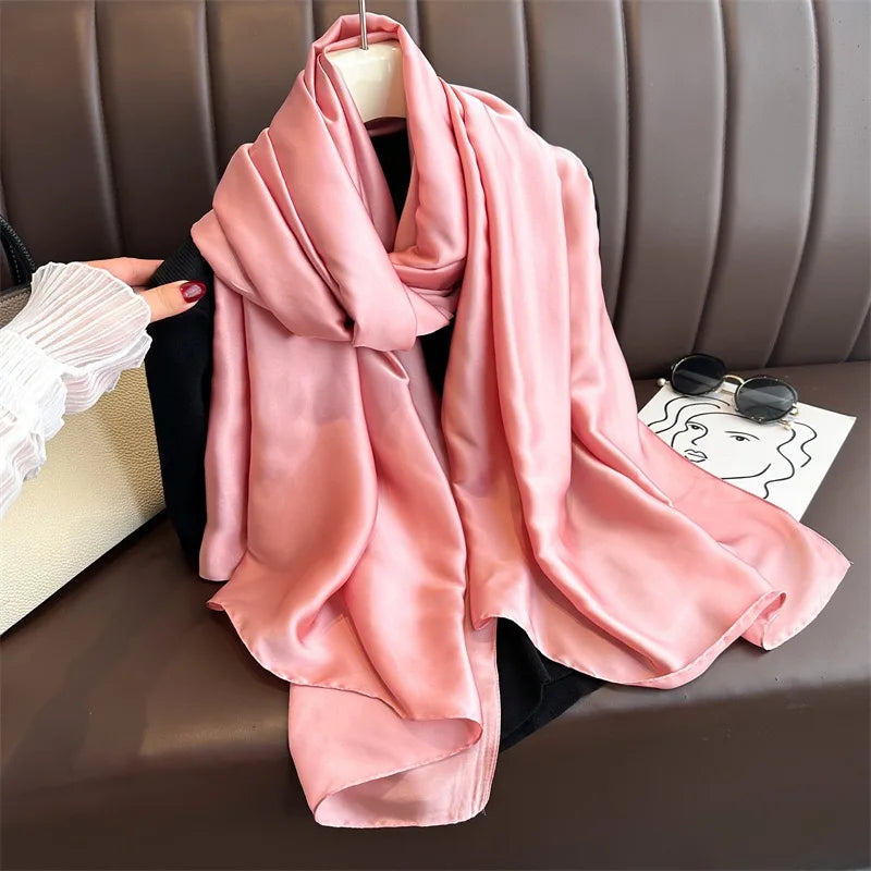 Plain Solid Basic Design 100% Silk Feeling Scarf for Women 180x90cm Shawl Wrap Luxury Female Hijab Headband Foulard Beach Stoles