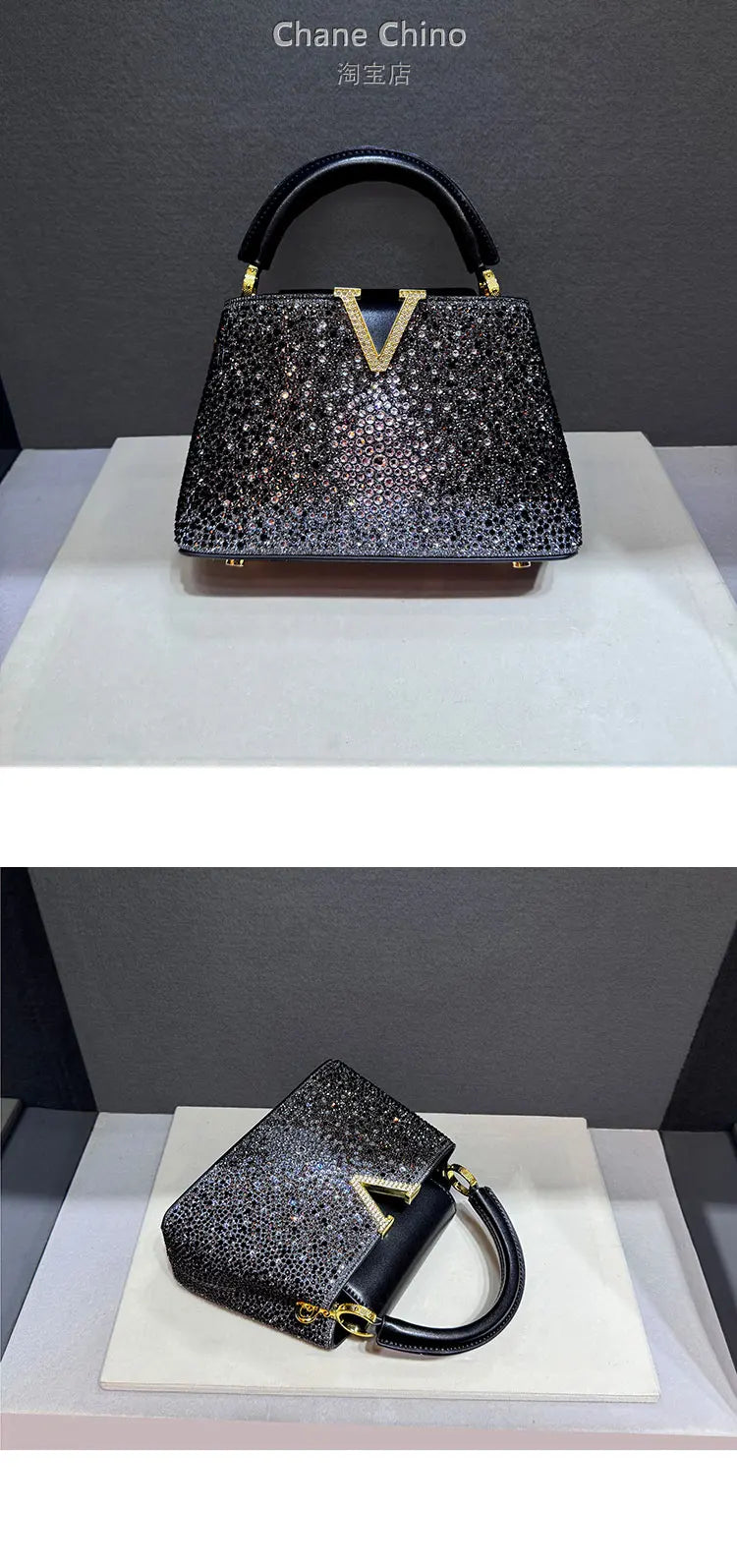 High Luxury Genuine Leather Diamonds Tote Women's Handbags 2025 Small Evening Bag V Letter Rhinestone Shoulder Crossbody Bags