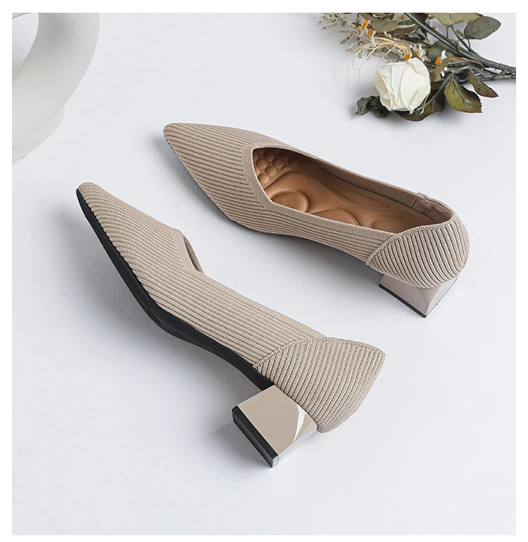 2026 New Women's High Heels Large 42/43 Fashion Pointed Anti slip Rubber Bottom Knitted Breathable Shoes