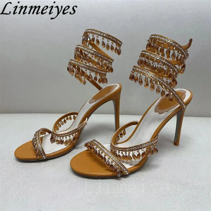 Summer High Heels Sandals Women Rhinestone String Bead Ankle Snake Twine Around Wedding Shoes Lady Gladiator Sandals Woman