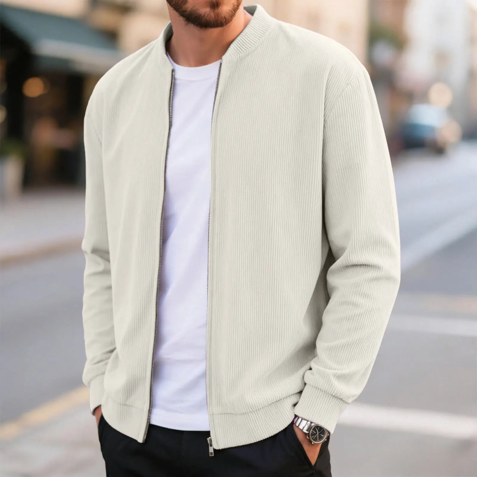 Corduroy Solid Color Men'S Casual Coat Round Neck Zipper Long Sleeve Outerwear Autumn/Winter Stylish Male Jacket Overcoat