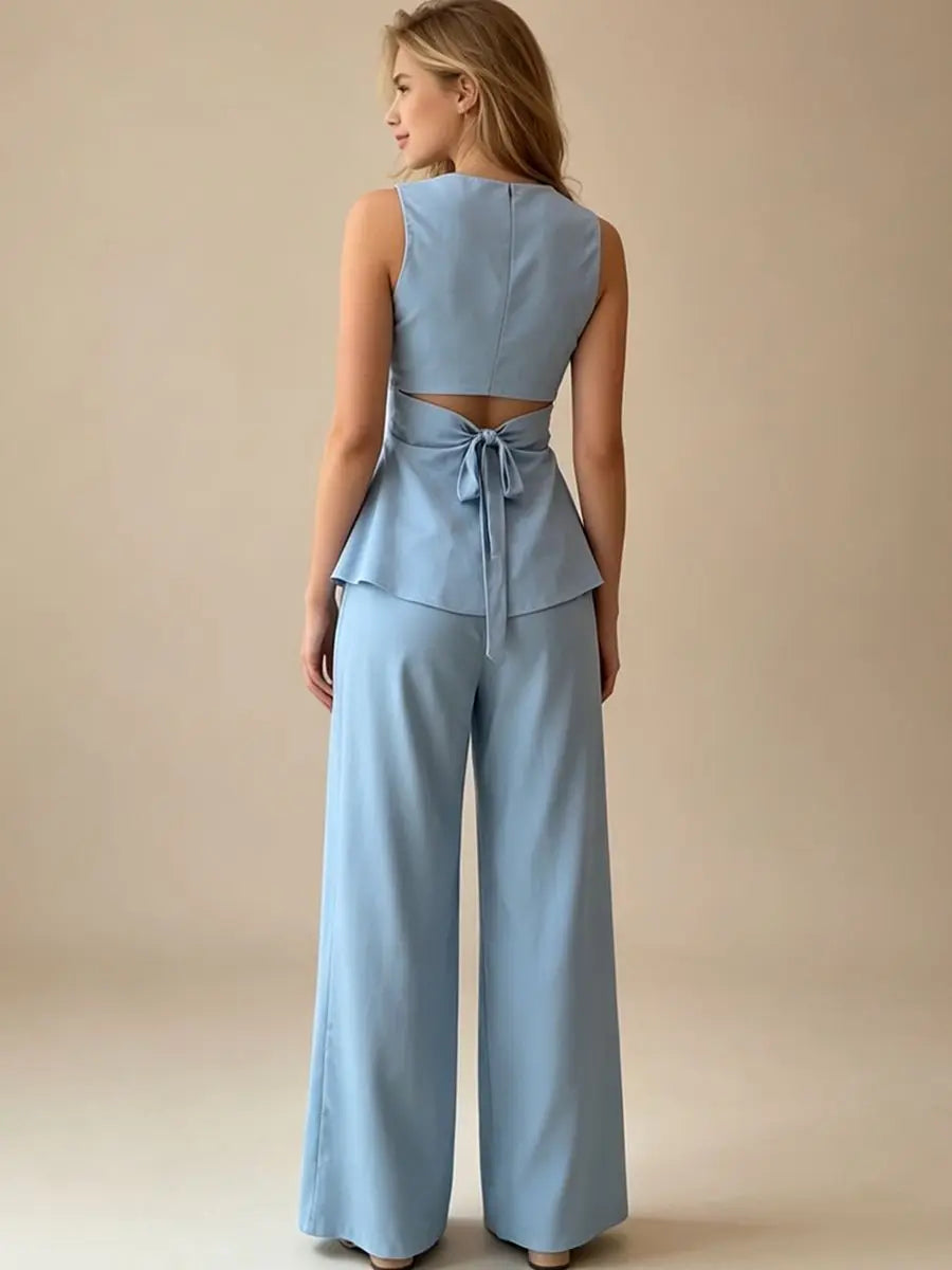 2026 Women Elegant Back Tie Sleeveless Peplum Top + Wide Leg Pants 2 Piece Casual Set