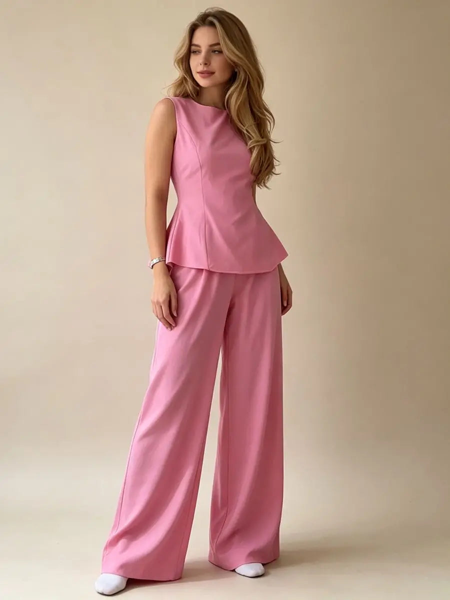 2026 Women Elegant Back Tie Sleeveless Peplum Top + Wide Leg Pants 2 Piece Casual Set