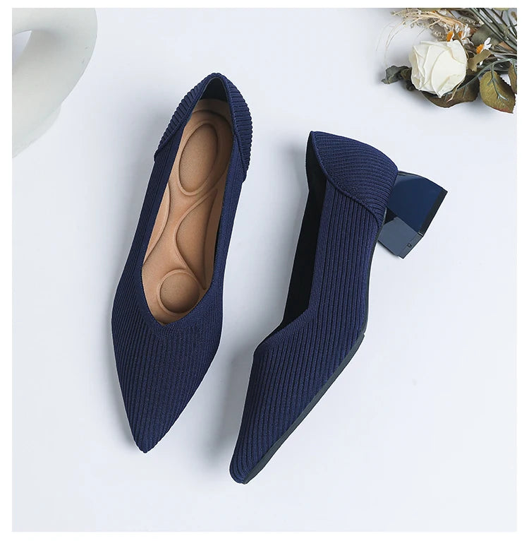 2026 New Women's High Heels Large 42/43 Fashion Pointed Anti slip Rubber Bottom Knitted Breathable Shoes