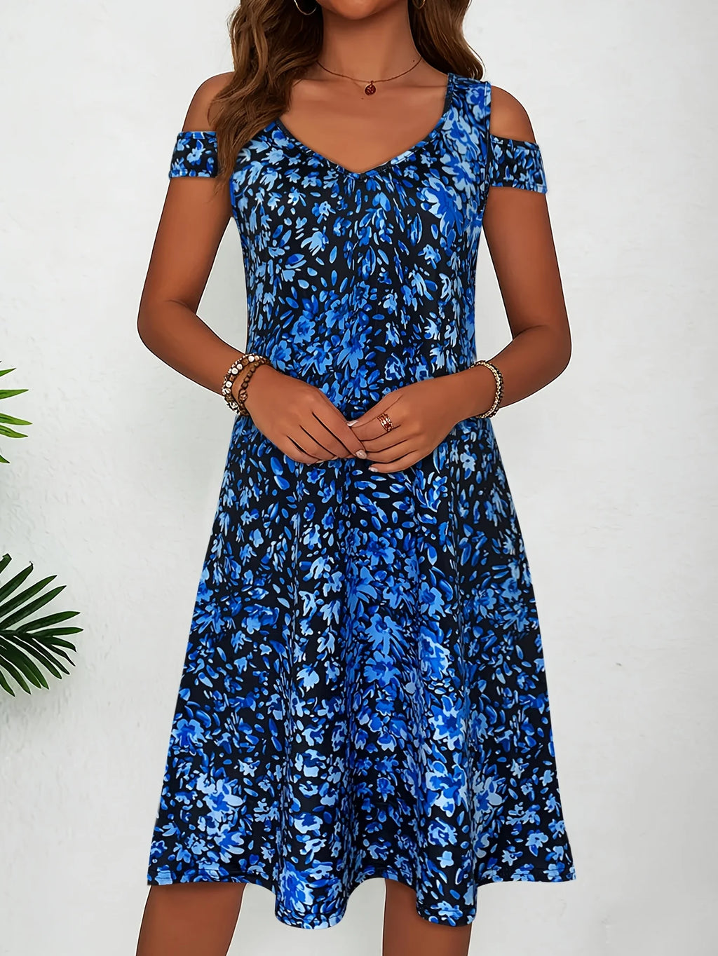 Women's Floral Print Cold Shoulder Dress Summer Casual V Neck Short Sleeve A Line Flowy Sundress,Flowy Casual Summer Sundress