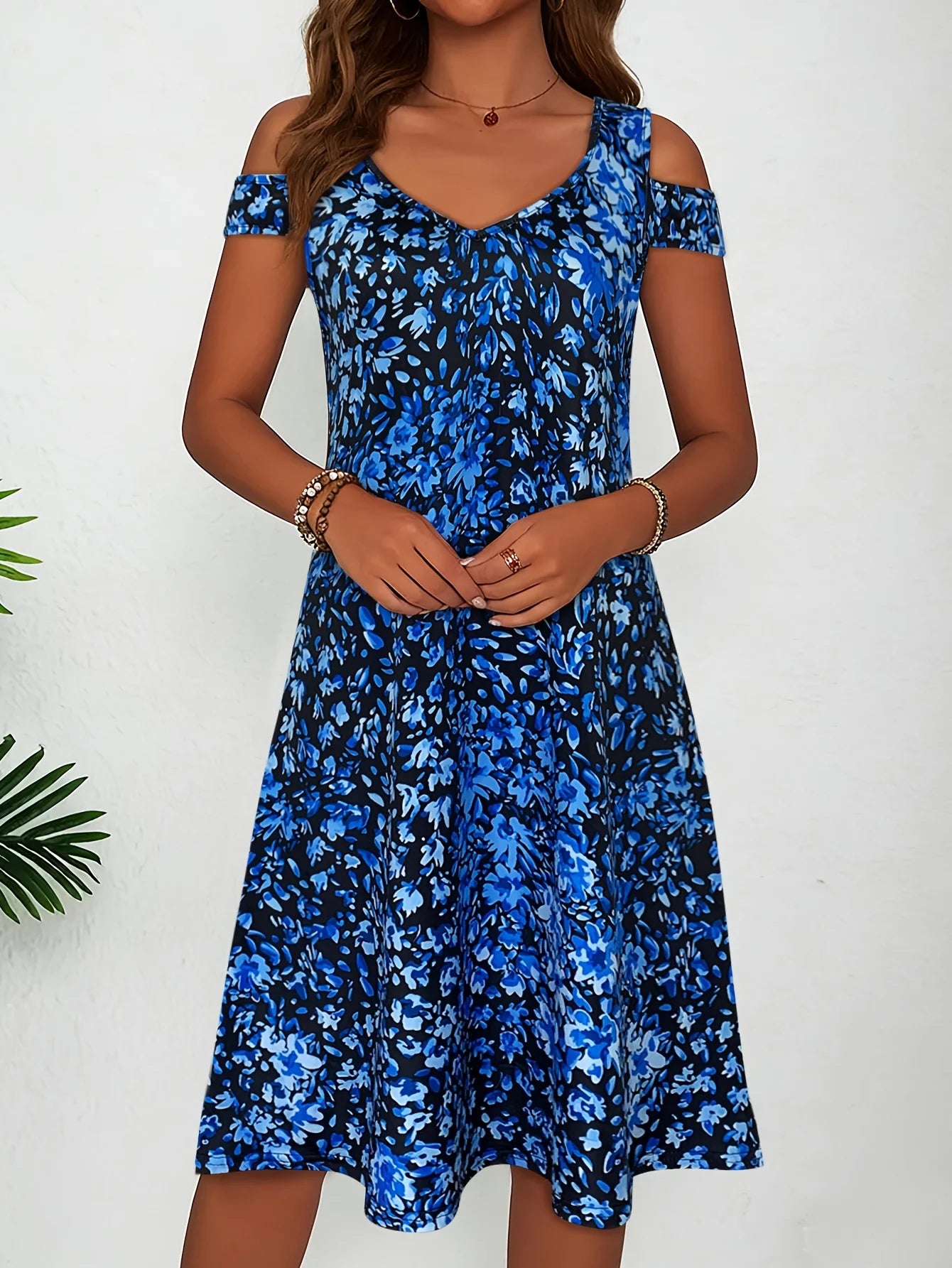 Women's Floral Print Cold Shoulder Dress Summer Casual V Neck Short Sleeve A Line Flowy Sundress,Flowy Casual Summer Sundress