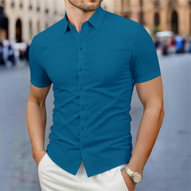 2025 New Men's Business Casual Solid Color Short Sleeved Shirt for Summer Fashion No Ironing Comfortable and Versatile Top