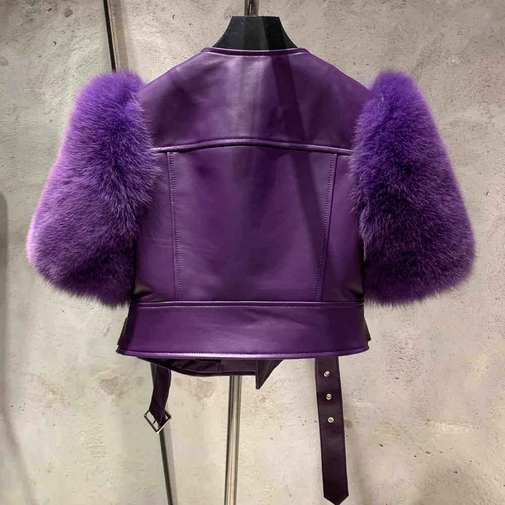 Leather Fur Jacket Natural Fur Sleeve Ladies Short Leather Jacket Real Fox Fur Sleeve Coat Women Autumn 21001-1