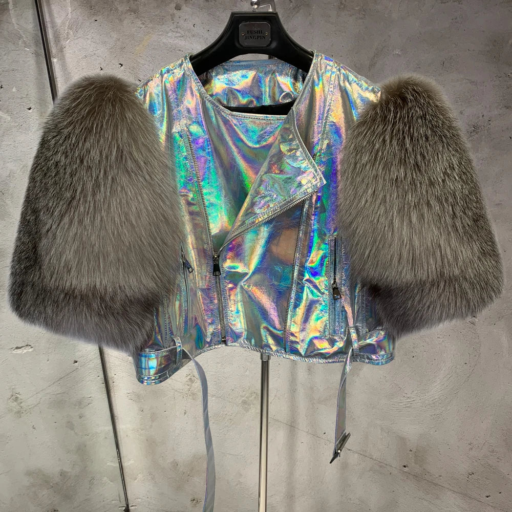 Leather Fur Jacket Natural Fur Sleeve Ladies Short Leather Jacket Real Fox Fur Sleeve Coat Women Autumn 21001-1