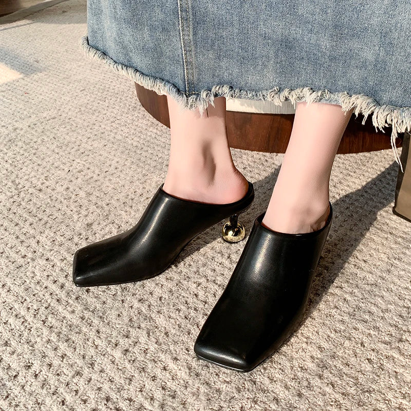 White Sheepskin Square Head Women's Slipper Baotou Textured Elegant Commuter Casual Simple Sense of Classic Wine Glass Heels New