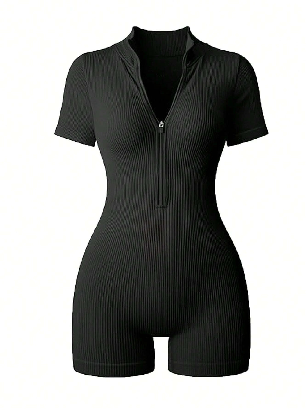 Women's Solid Color Half Zip Ribbed Knit Short Sleeve Romper Sports Soft Slim Fit Mock Neck Jumpsuit Streetwear 2025 Summer