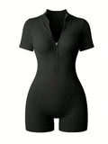 Women's Solid Color Half Zip Ribbed Knit Short Sleeve Romper Sports Soft Slim Fit Mock Neck Jumpsuit Streetwear 2025 Summer