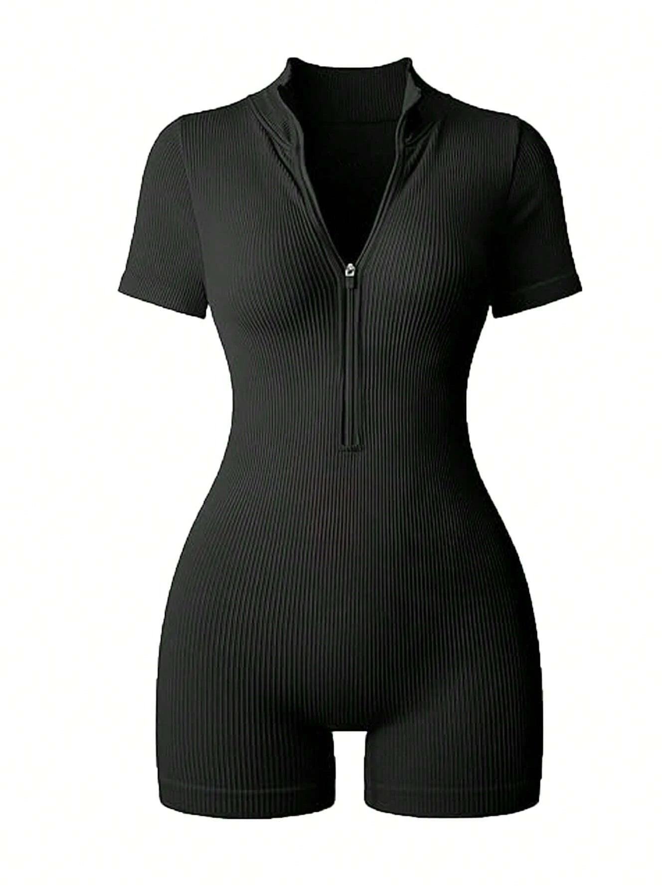 Women's Solid Color Half Zip Ribbed Knit Short Sleeve Romper Sports Soft Slim Fit Mock Neck Jumpsuit Streetwear 2025 Summer