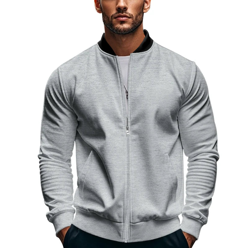 2024 New Spring And Autumn Men's Stand Collar Jacket Solid Color Leisure Sports Long Sleeve Zipper Coat Straight Tube Large Size