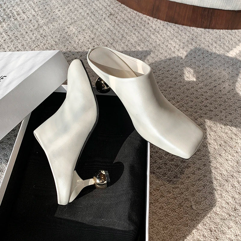 White Sheepskin Square Head Women's Slipper Baotou Textured Elegant Commuter Casual Simple Sense of Classic Wine Glass Heels New
