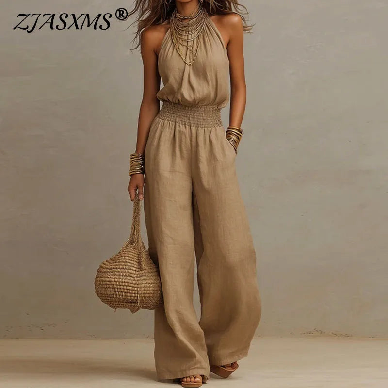 Boho Halter Backless Jumpsuit  Wide Leg Summer Romper