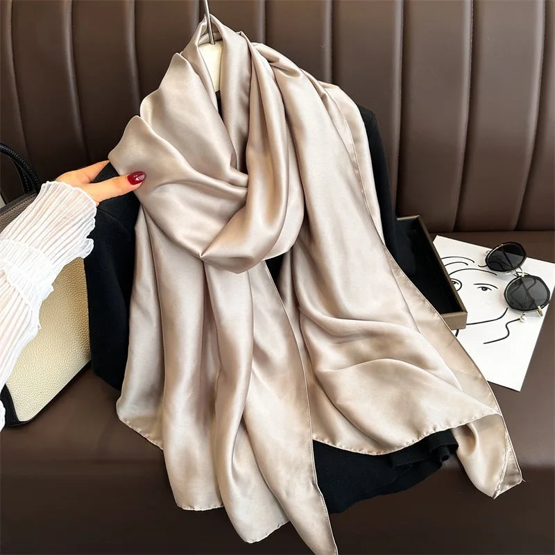 Plain Solid Basic Design 100% Silk Feeling Scarf for Women 180x90cm Shawl Wrap Luxury Female Hijab Headband Foulard Beach Stoles